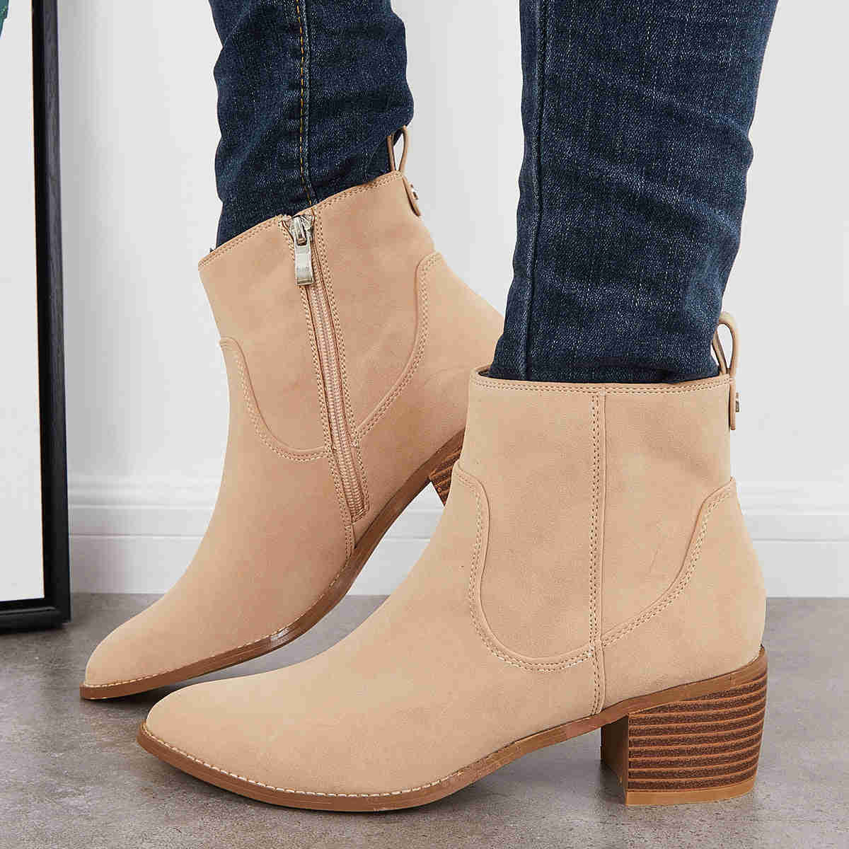 Chunky Block Heel Ankle Boots with Pointed Toe and Side Zipper