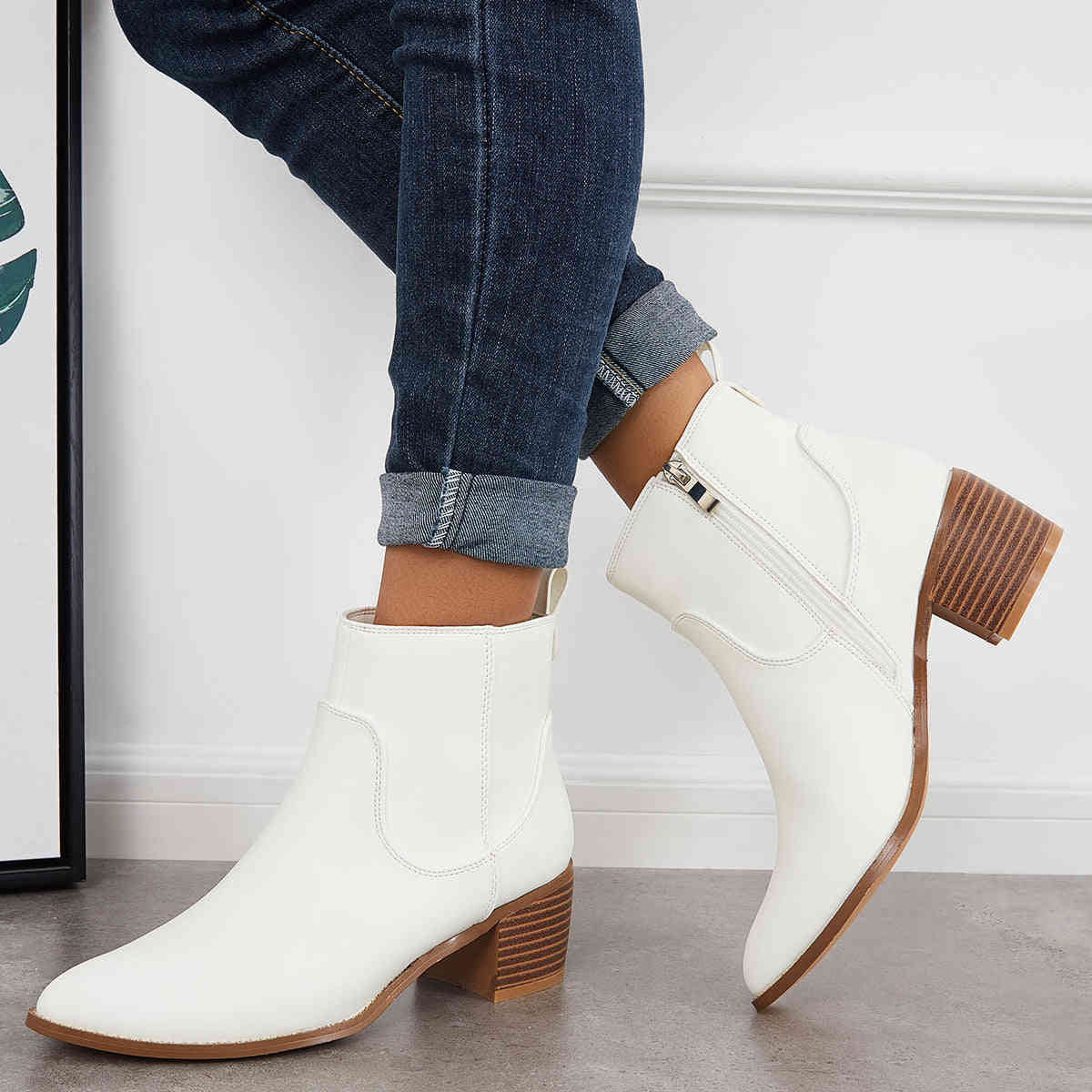Chunky Block Heel Ankle Boots with Pointed Toe and Side Zipper