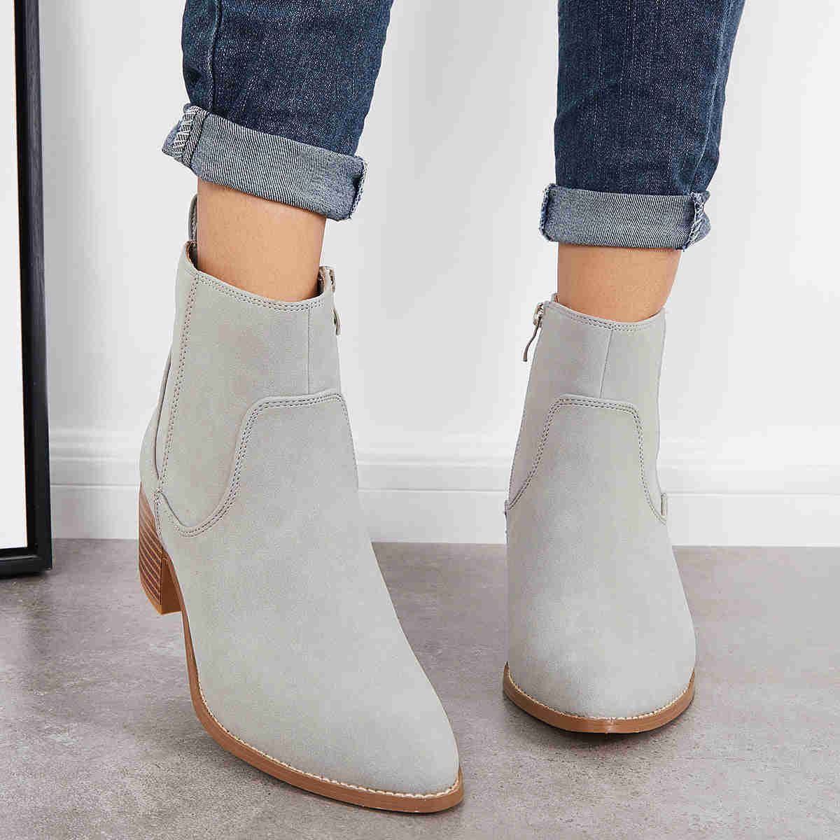 Chunky Block Heel Ankle Boots with Pointed Toe and Side Zipper