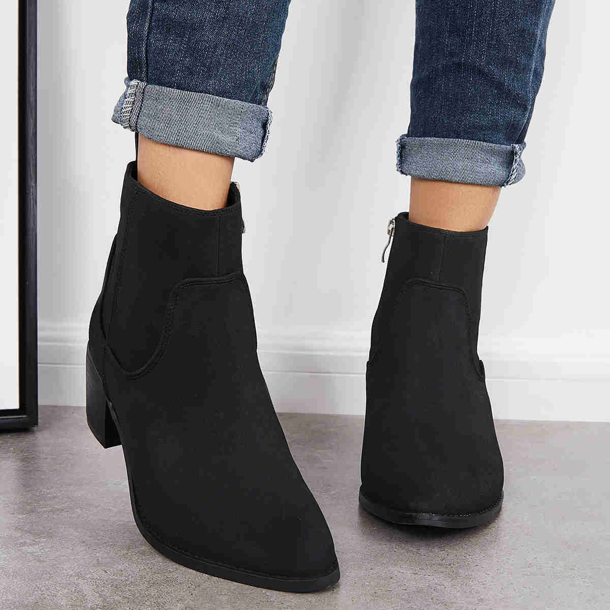 Chunky Block Heel Ankle Boots with Pointed Toe and Side Zipper