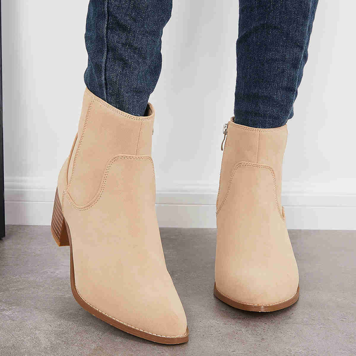 Chunky Block Heel Ankle Boots with Pointed Toe and Side Zipper