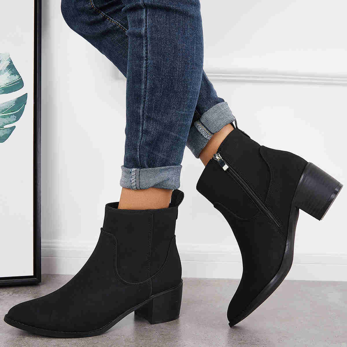 Chunky Block Heel Ankle Boots with Pointed Toe and Side Zipper