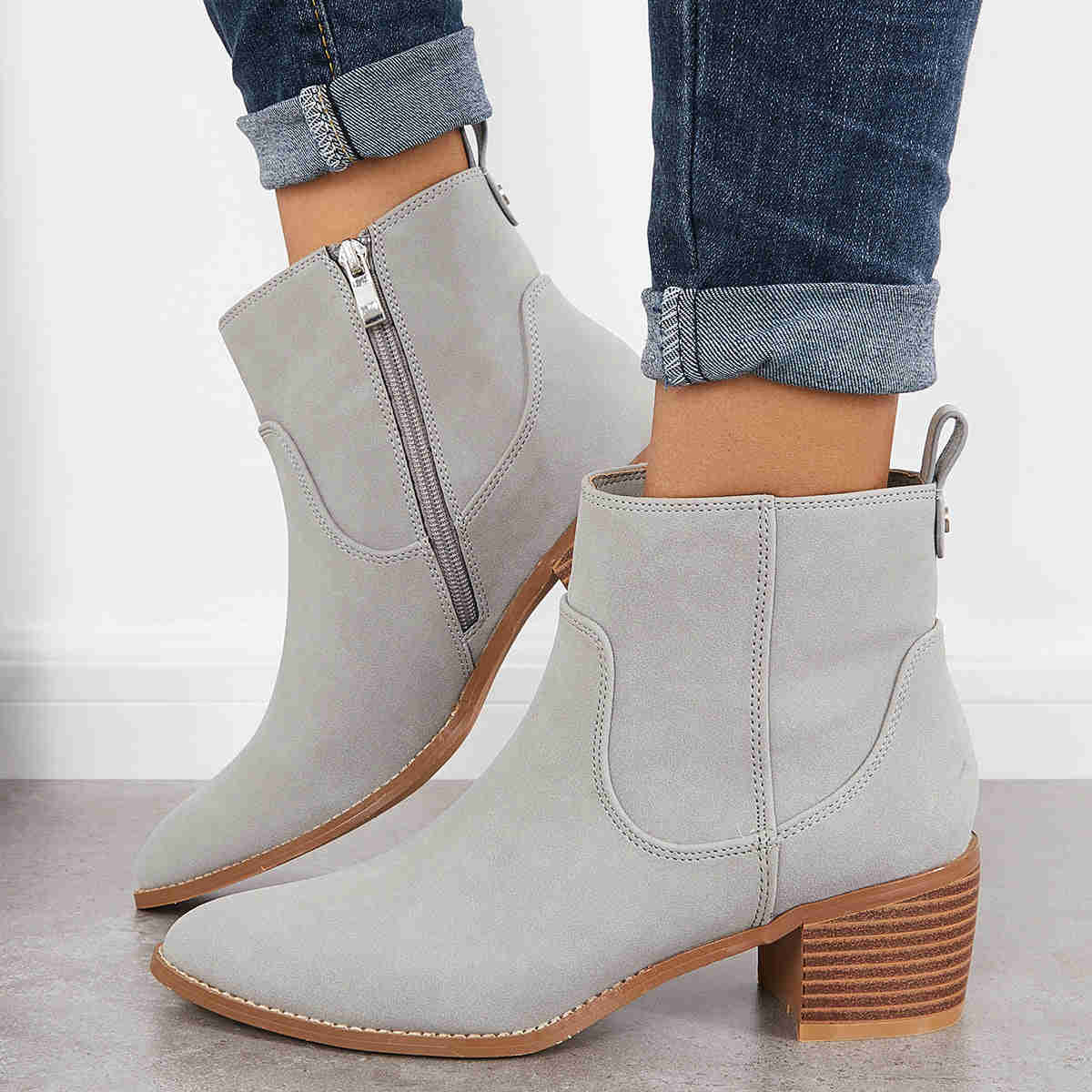Chunky Block Heel Ankle Boots with Pointed Toe and Side Zipper