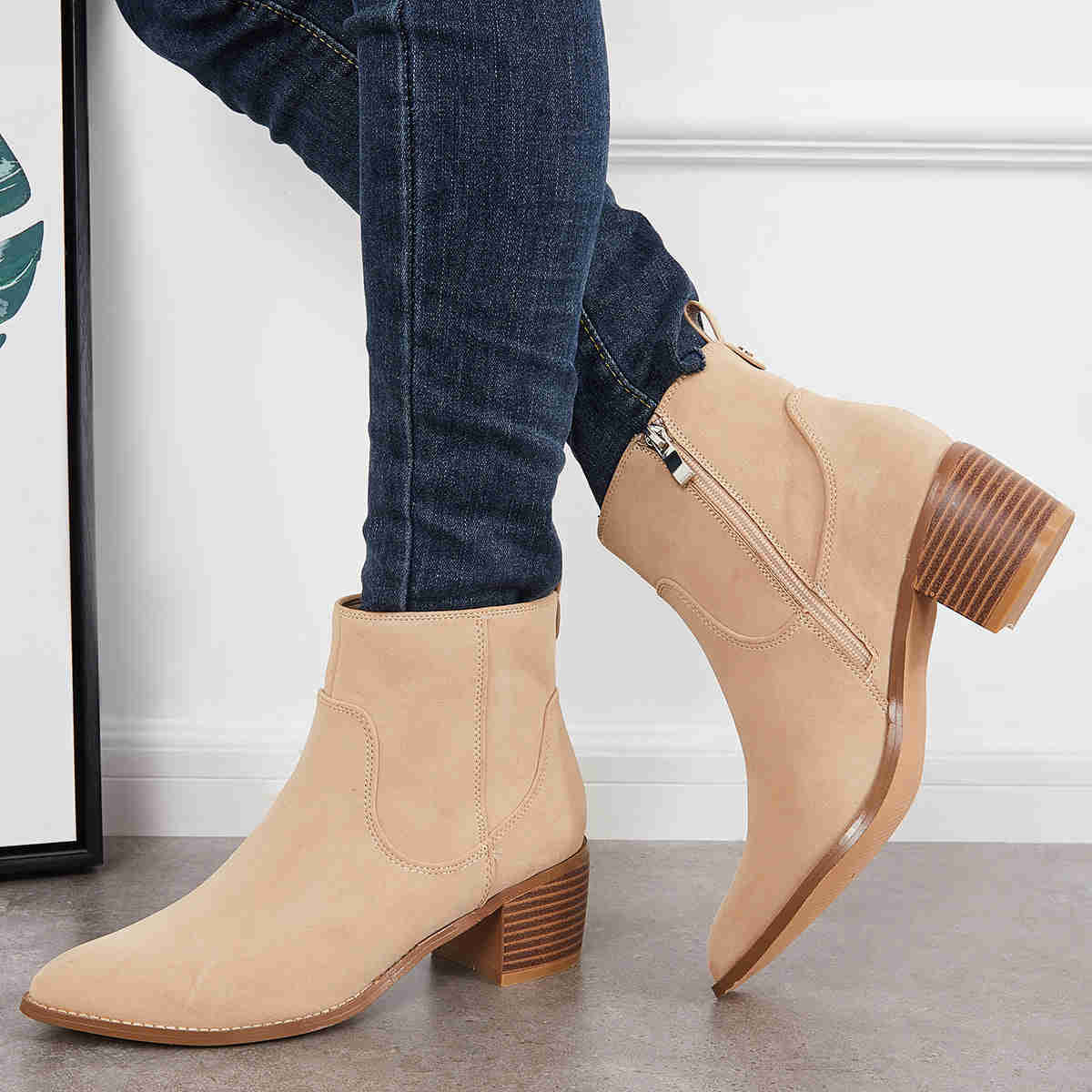 Chunky Block Heel Ankle Boots with Pointed Toe and Side Zipper