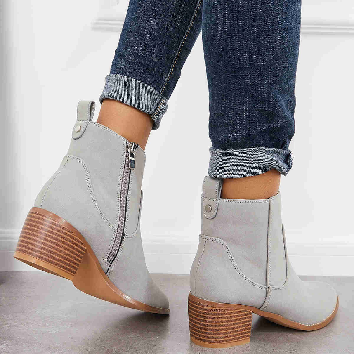 Chunky Block Heel Ankle Boots with Pointed Toe and Side Zipper