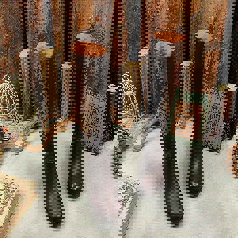 Handmade Leather Knee High Boots with Block Heel and Retro Flowers