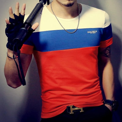 Summer Fashion Men's Patchwork Short Sleeve T-Shirt - Casual Slim Fit Hip-Hop Tee (5XL)