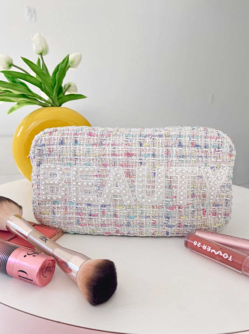 BEAUTY BAG LARGE - White Tweed Makeup Bag with Pearl Patches