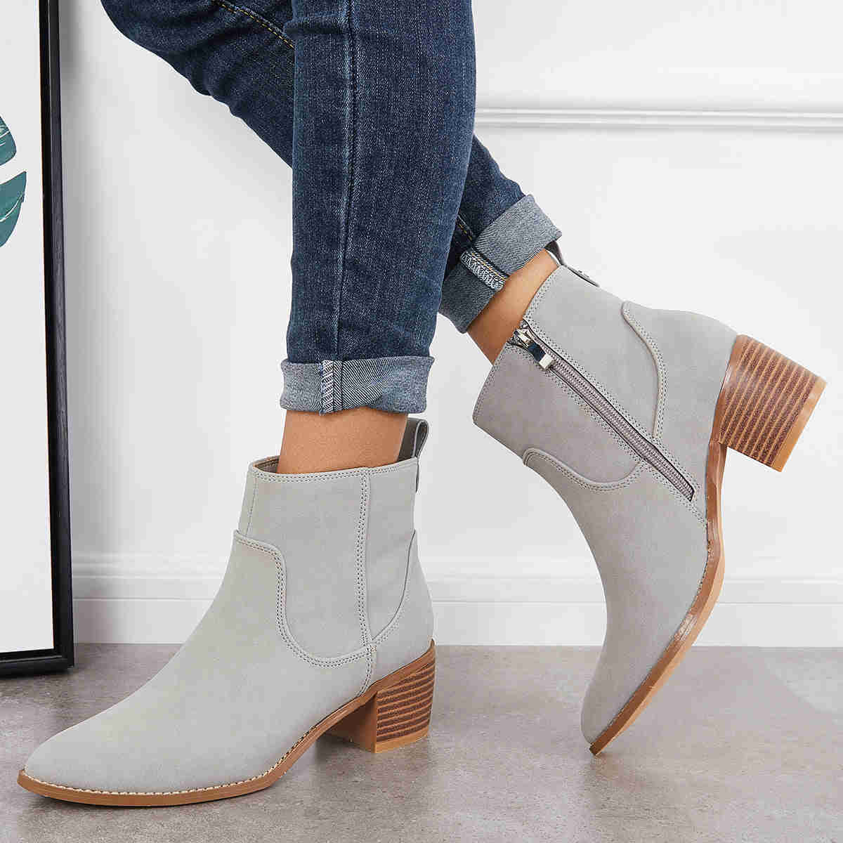 Chunky Block Heel Ankle Boots with Pointed Toe and Side Zipper