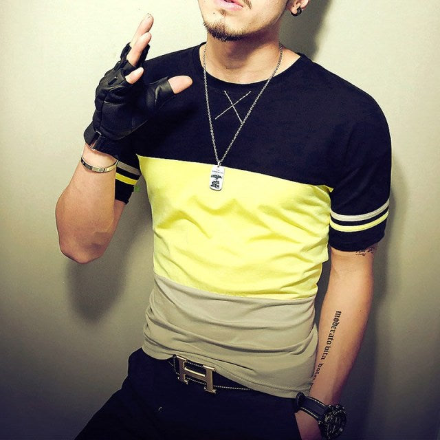 Summer Fashion Men's Patchwork Short Sleeve T-Shirt - Casual Slim Fit Hip-Hop Tee (5XL)