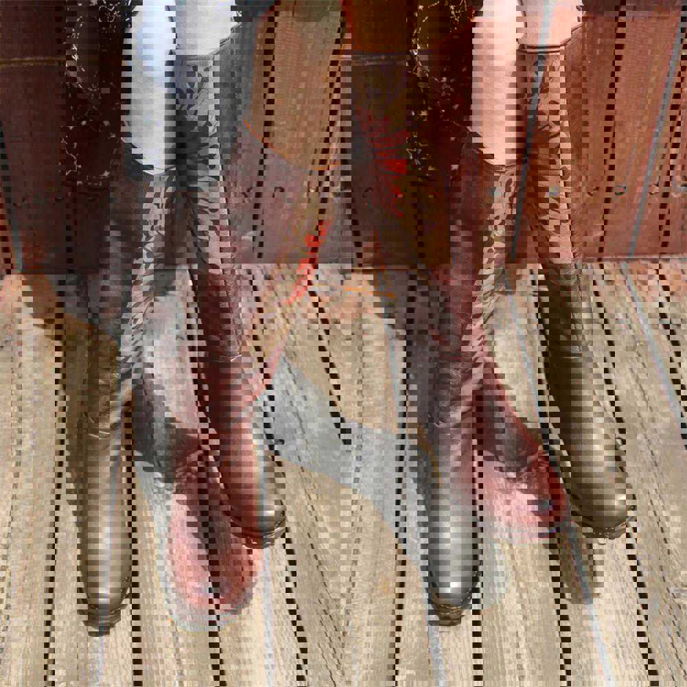 Handmade Leather Knee High Boots with Block Heel and Retro Flowers