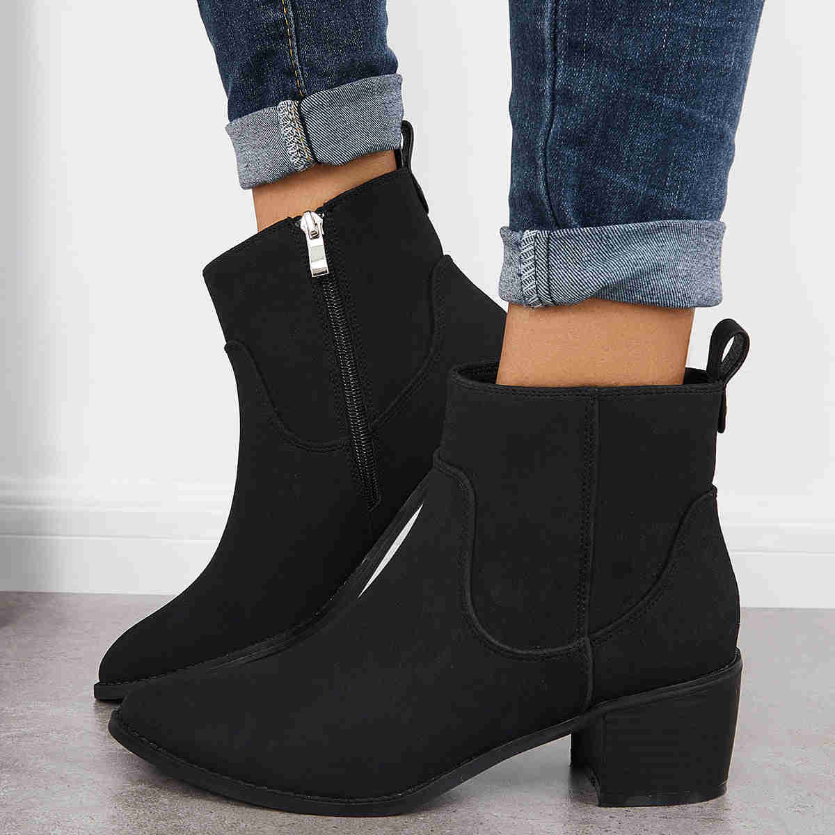 Chunky Block Heel Ankle Boots with Pointed Toe and Side Zipper