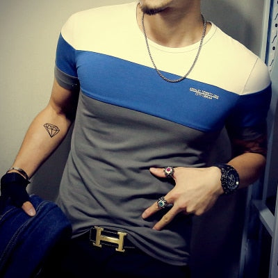 Summer Fashion Men's Patchwork Short Sleeve T-Shirt - Casual Slim Fit Hip-Hop Tee (5XL)