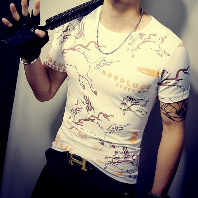 Summer Fashion Men's Patchwork Short Sleeve T-Shirt - Casual Slim Fit Hip-Hop Tee (5XL)