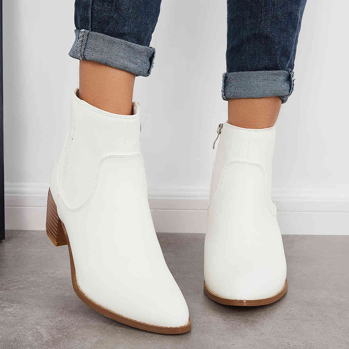 Chunky Block Heel Ankle Boots with Pointed Toe and Side Zipper