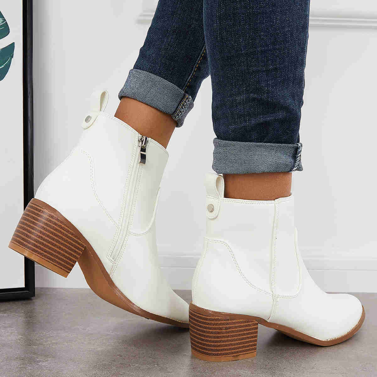 Chunky Block Heel Ankle Boots with Pointed Toe and Side Zipper