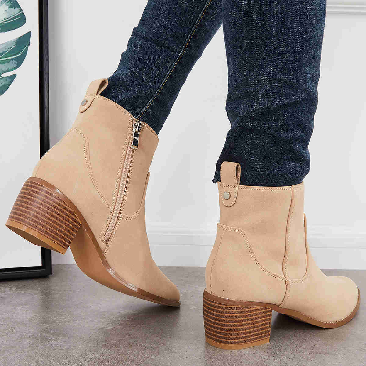Chunky Block Heel Ankle Boots with Pointed Toe and Side Zipper