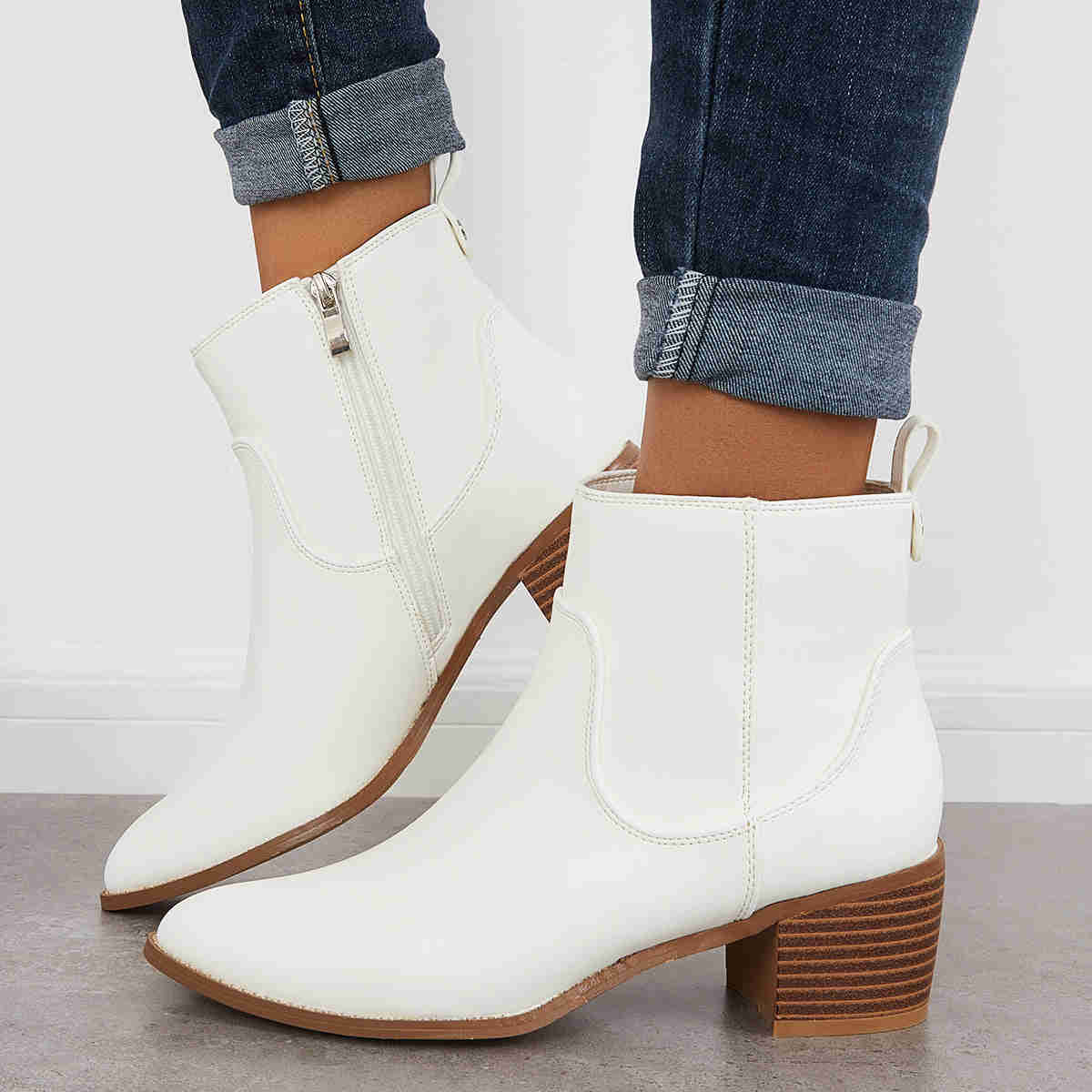 Chunky Block Heel Ankle Boots with Pointed Toe and Side Zipper
