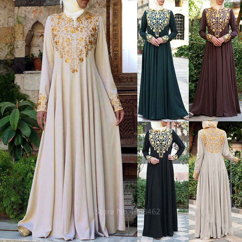 Muslim Traditional Elegant Golden Printed Abaya Dress for Women