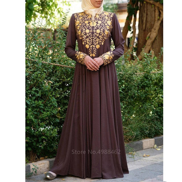 Muslim Traditional Elegant Golden Printed Abaya Dress for Women