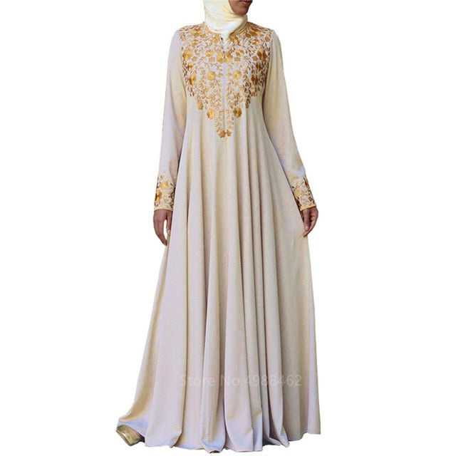 Muslim Traditional Elegant Golden Printed Abaya Dress for Women
