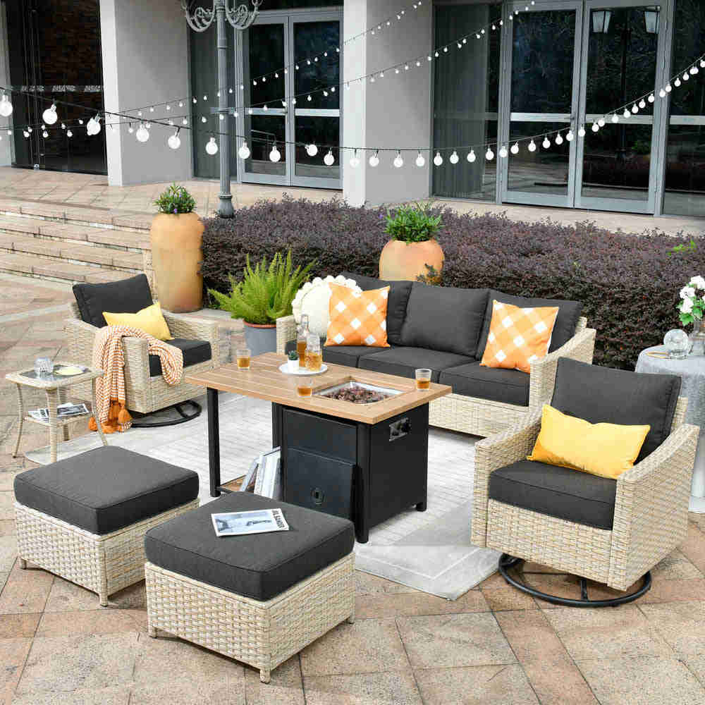 Ovios Athena Series 7-Piece Outdoor Patio Furniture Set with Swivel Chair & Fire Pit Table