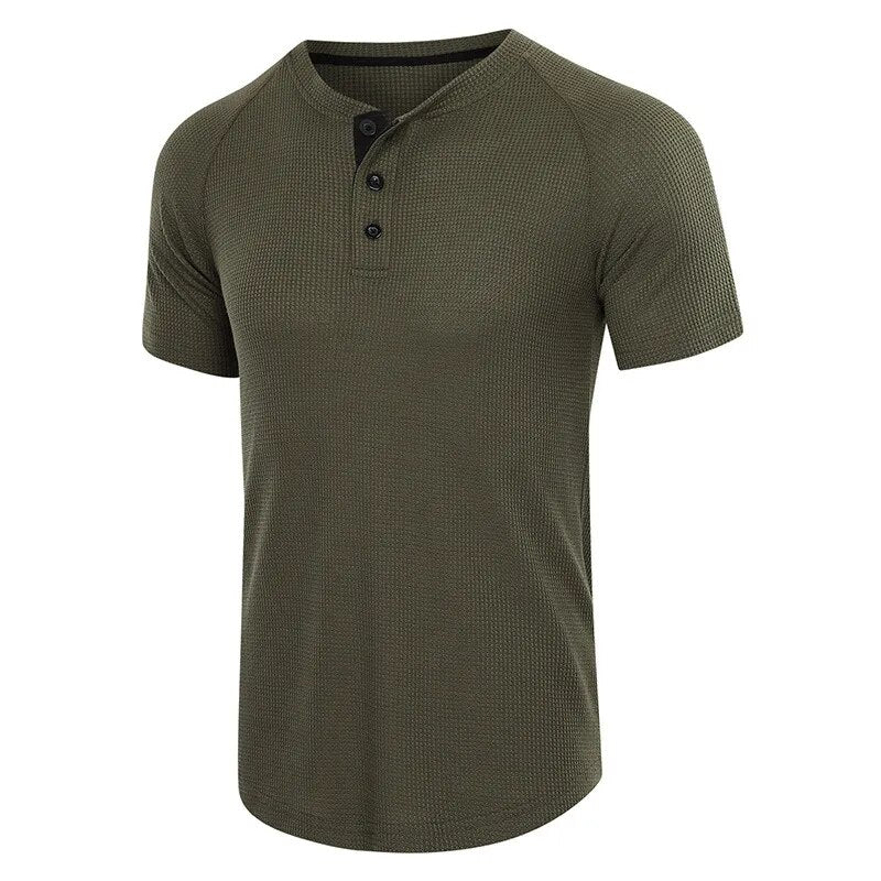 Nukty High Quality Summer Men's T-Shirt Casual Short Sleeve Henry Collar Solid Color Tee