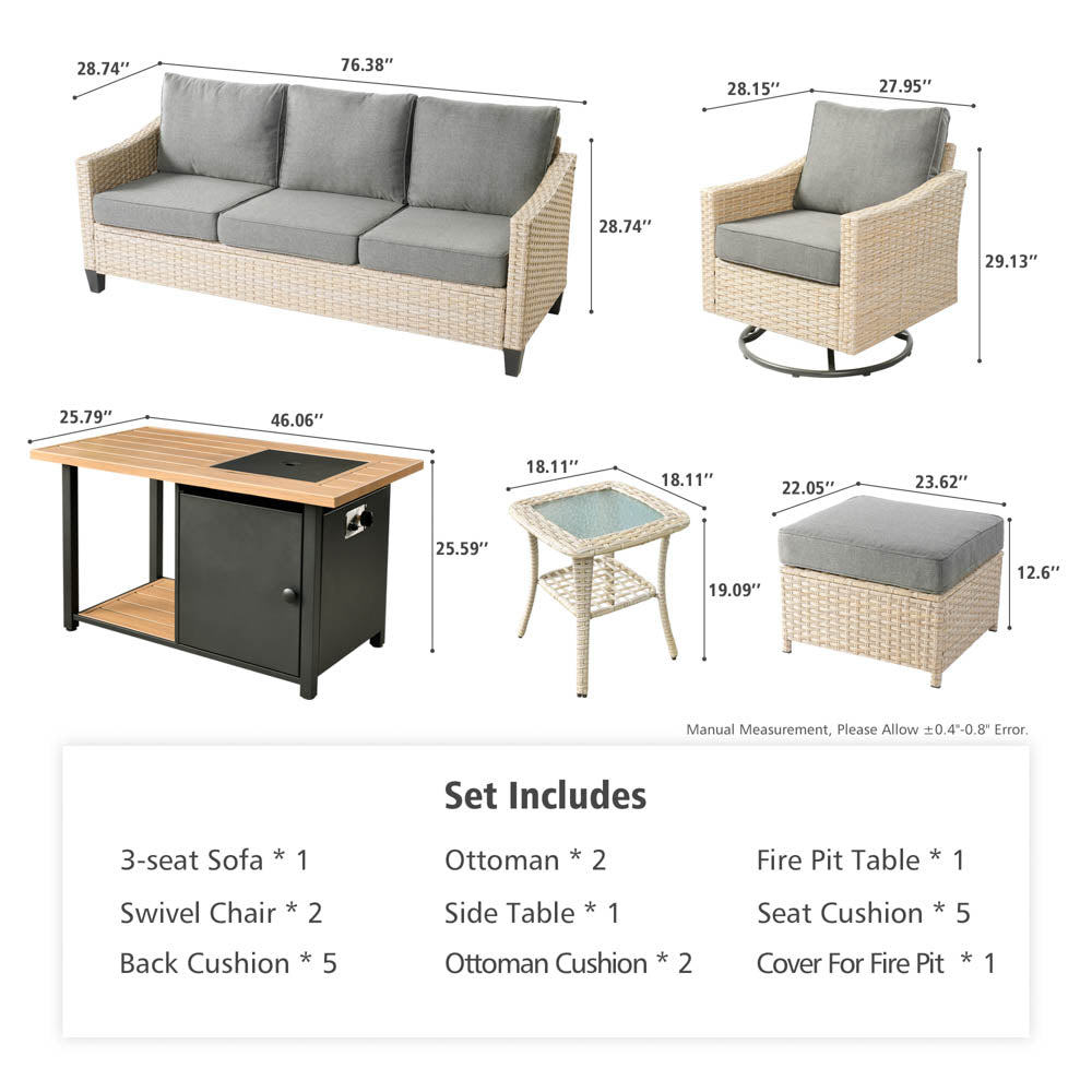 Ovios Athena Series 7-Piece Outdoor Patio Furniture Set with Swivel Chair & Fire Pit Table