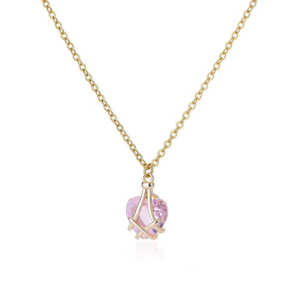 Women's Heart Necklace - Stainless Steel Gold Plated Chain with Zircon Heart Pendant, Boho Wedding Jewelry Gift