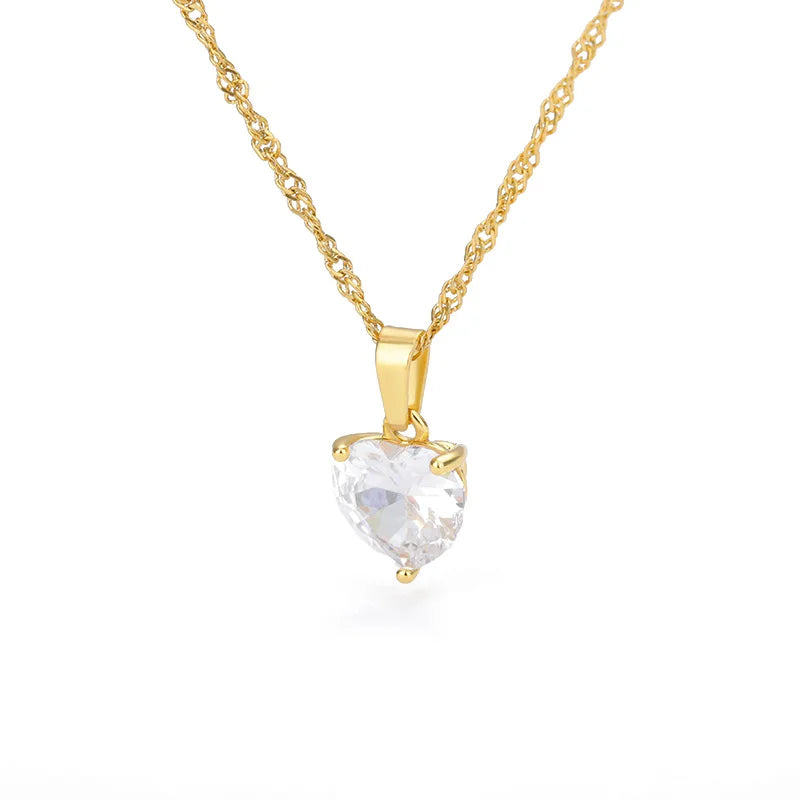 Women's Heart Necklace - Stainless Steel Gold Plated Chain with Zircon Heart Pendant, Boho Wedding Jewelry Gift