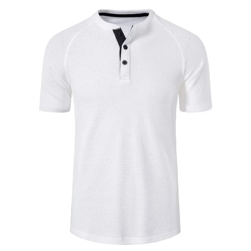 Nukty High Quality Summer Men's T-Shirt Casual Short Sleeve Henry Collar Solid Color Tee