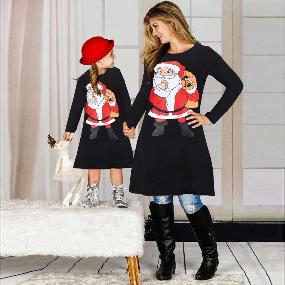 Fashion Christmas Family Outfits Long Sleeve Santa Claus Print Dresses
