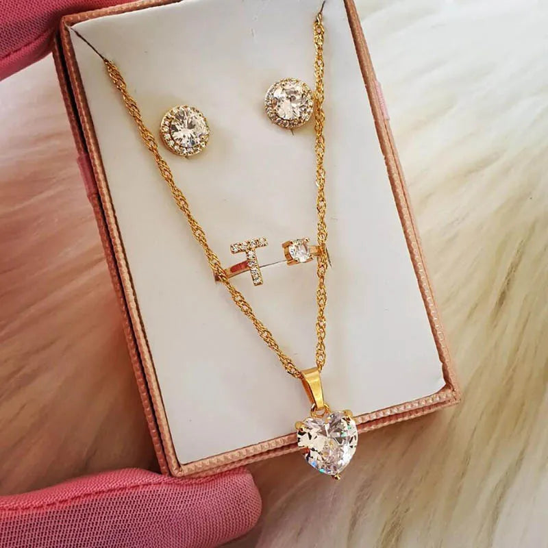 Women's Heart Necklace - Stainless Steel Gold Plated Chain with Zircon Heart Pendant, Boho Wedding Jewelry Gift