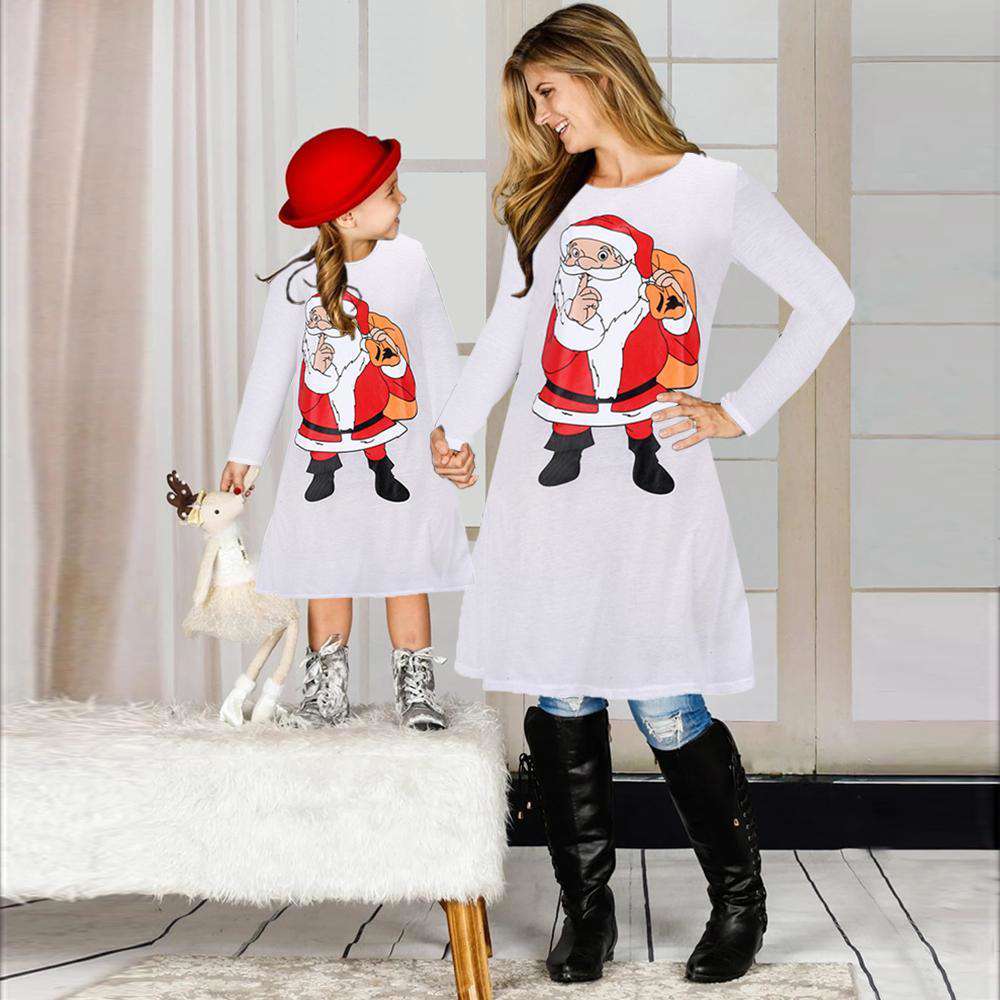Fashion Christmas Family Outfits Long Sleeve Santa Claus Print Dresses