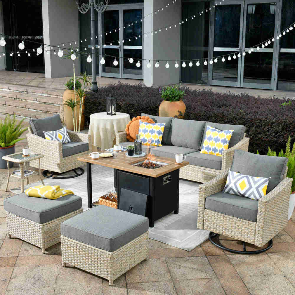 Ovios Athena Series 7-Piece Outdoor Patio Furniture Set with Swivel Chair & Fire Pit Table