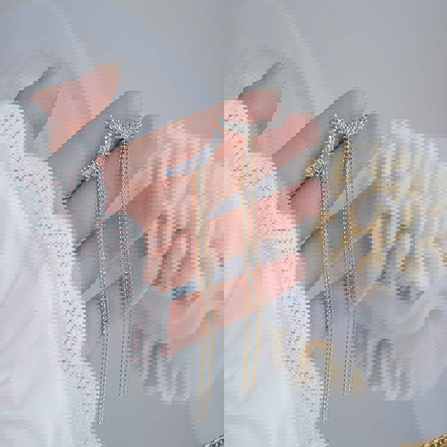 South Korea Design Shiny Copper Zircon Water Drop Tassel Earrings for Women