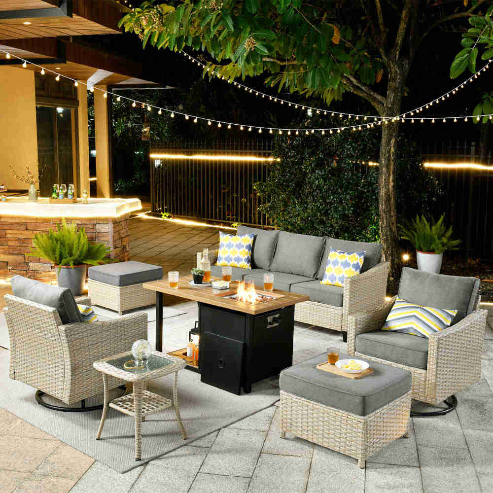 Ovios Athena Series 7-Piece Outdoor Patio Furniture Set with Swivel Chair & Fire Pit Table