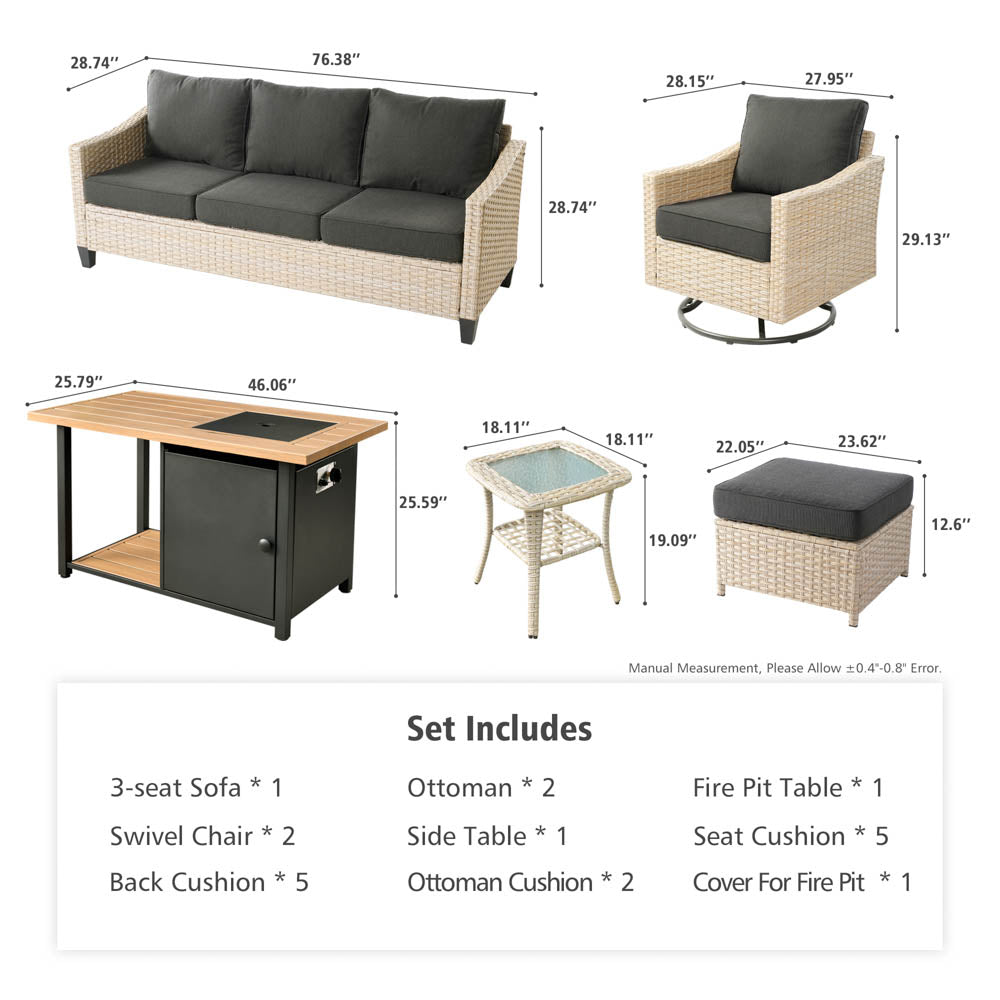 Ovios Athena Series 7-Piece Outdoor Patio Furniture Set with Swivel Chair & Fire Pit Table