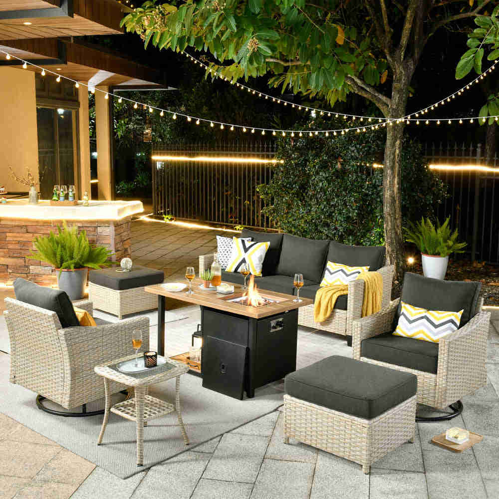 Ovios Athena Series 7-Piece Outdoor Patio Furniture Set with Swivel Chair & Fire Pit Table