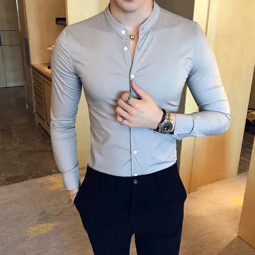 Nukty Men Slim Fit Cotton Mandarin Collar Casual Shirt