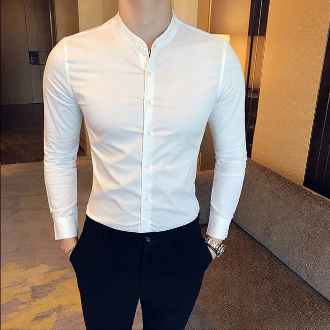 Nukty Men Slim Fit Cotton Mandarin Collar Casual Shirt