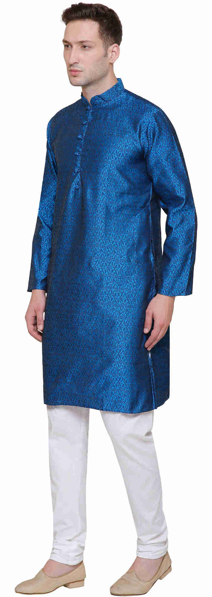 Men's Jacquard Silk Kurta Pajama - Traditional Indian Clothing (Blue)