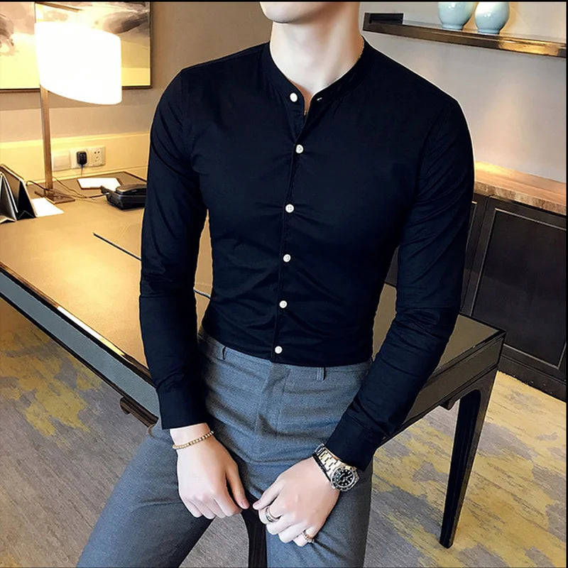Nukty Men Slim Fit Cotton Mandarin Collar Casual Shirt