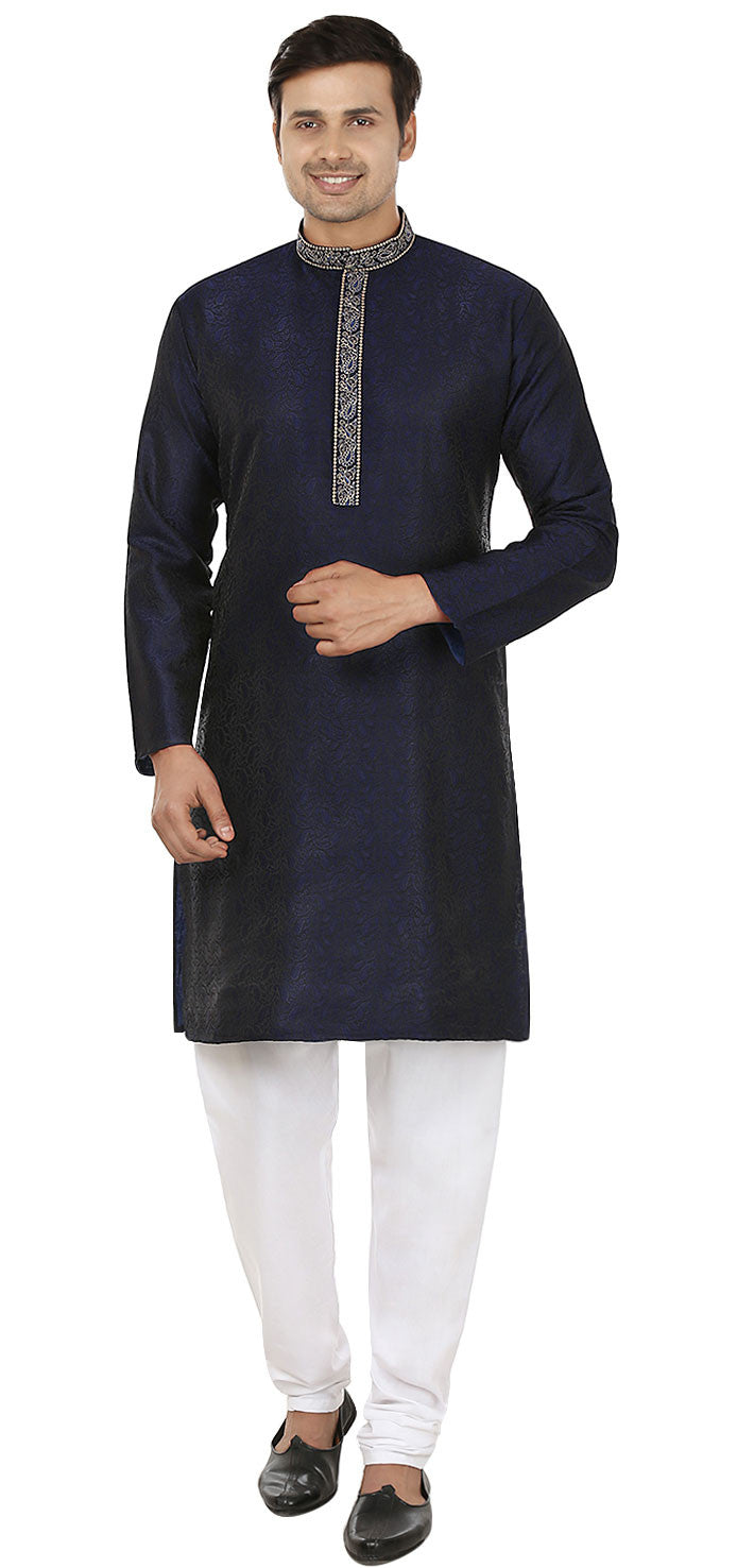 Jacquard Silk Embroidered Mens Kurta Pajama India Clothing (Blue)