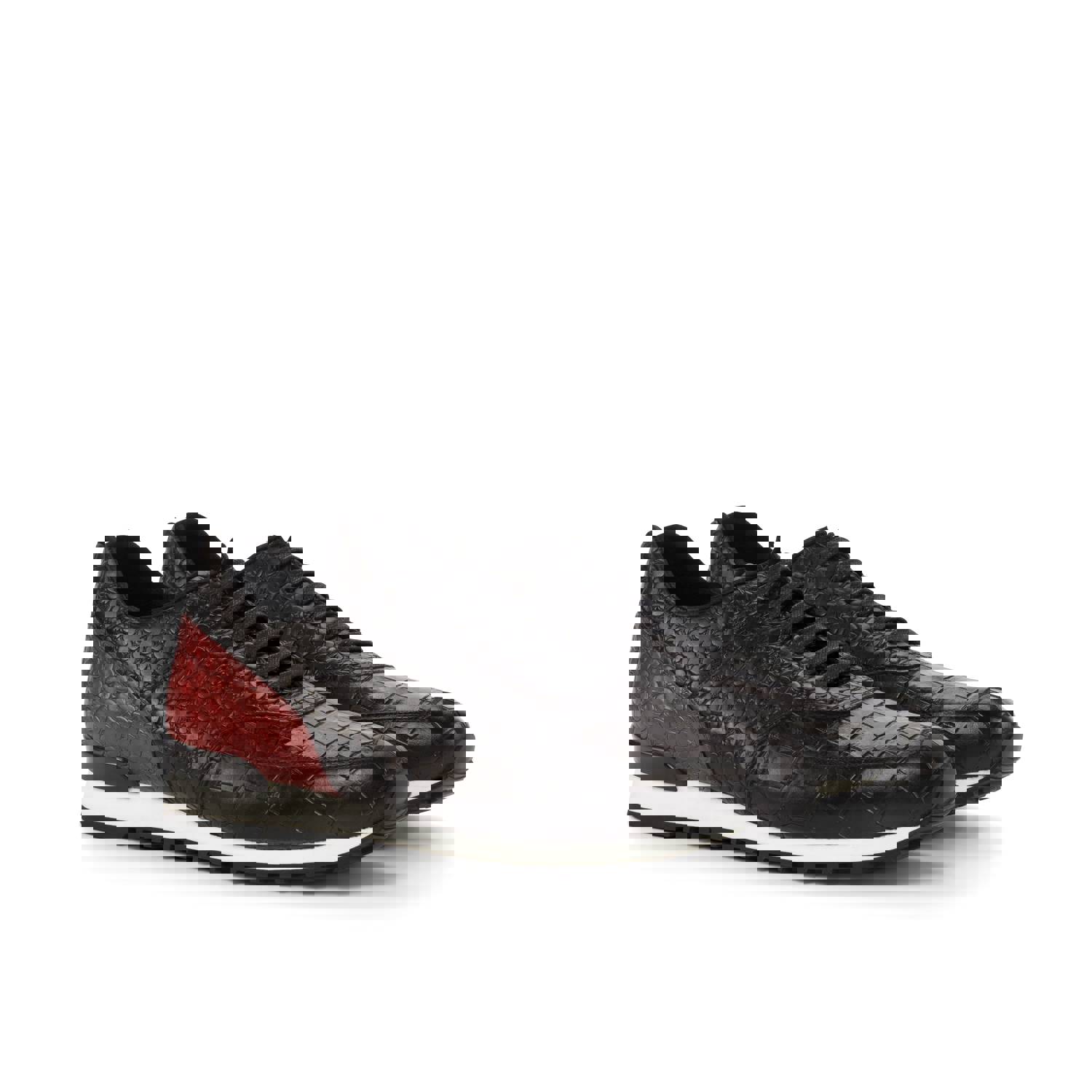 DapperFam Veloce Black / Red Mens Italian Croco Embossed Leather Jogger