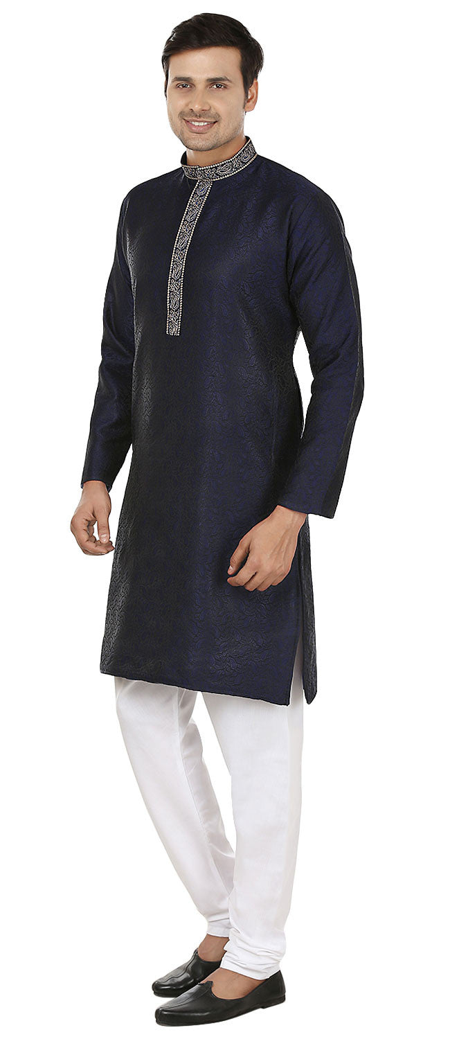 Jacquard Silk Embroidered Mens Kurta Pajama India Clothing (Blue)