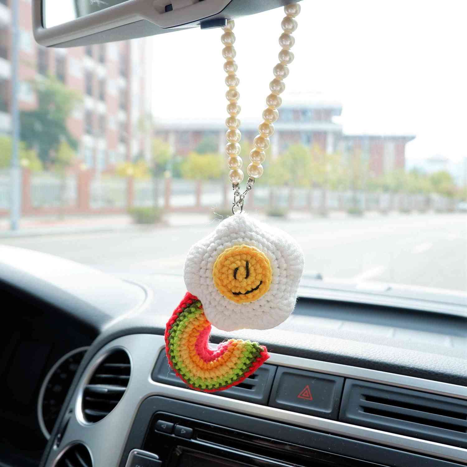 Crochet Car Mirror Accessory - Smile Poached Egg & Rainbow Design