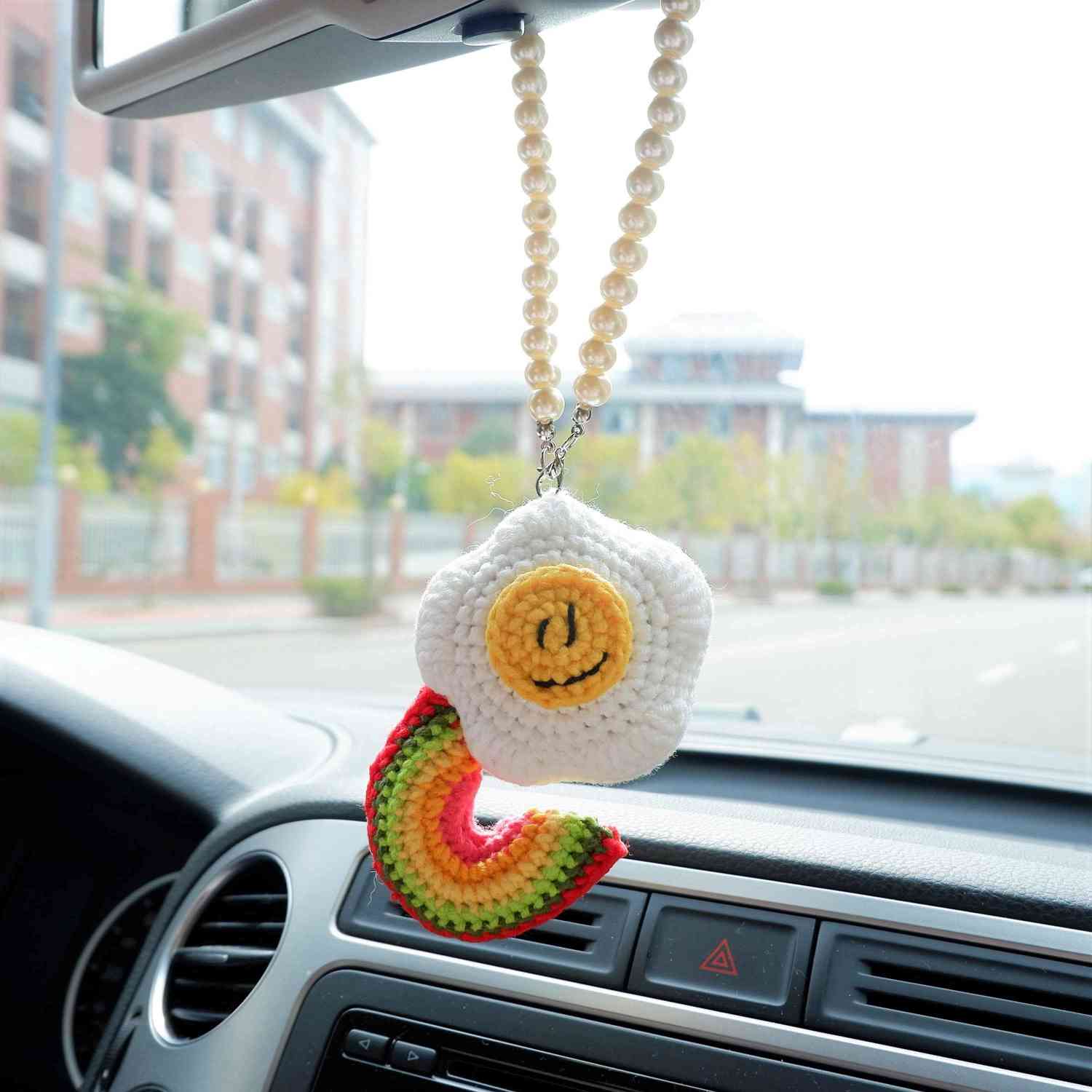 Crochet Car Mirror Accessory - Smile Poached Egg & Rainbow Design