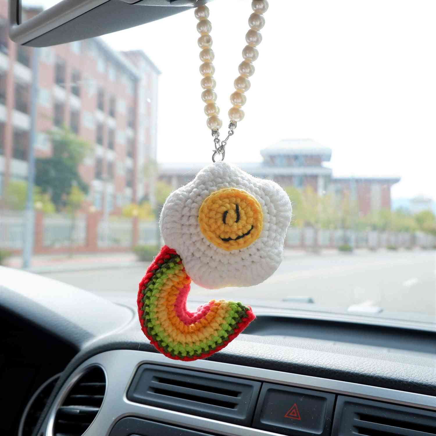 Crochet Car Mirror Accessory - Smile Poached Egg & Rainbow Design