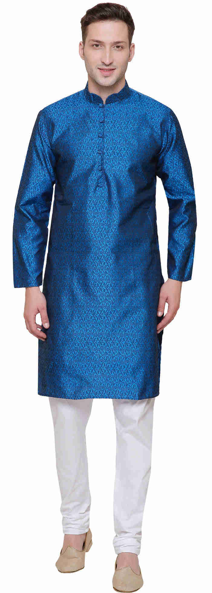 Men's Jacquard Silk Kurta Pajama - Traditional Indian Clothing (Blue)